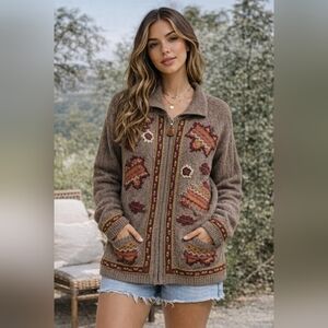 Vintage 90's  Northern Isles Hand Embroidered 100% Wool ZIP up Sweater Fall Larg